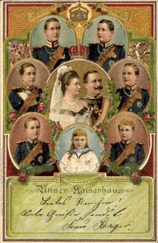 Präge Litho Unser Kaiserhaus, Kaiser Wilhelm II. von Preußen, Kaiserin Auguste Viktoria, Kinder
