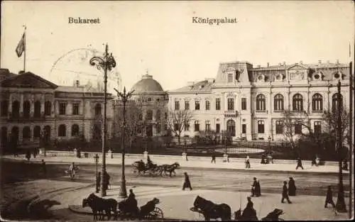 Ak București Bukarest Rumänien, Königspalast, Straßenansicht, Kutschen