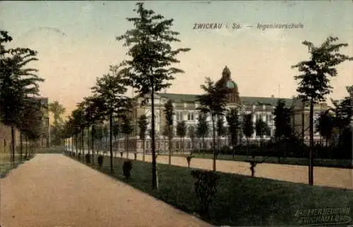 Ak Zwickau in Sachsen, Blick auf die Ingenieur Schule, Parkanlage, Allee