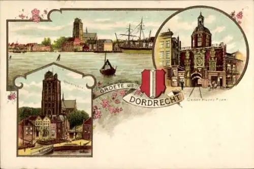 Lithographie Dordrecht Südholland Niederlande, große Kirche, großes Haupttor, Wappen