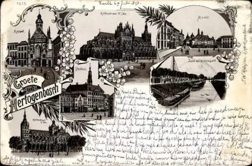 Lithographie 's Hertogenbosch Nordbrabant Niederlande, Markt, Kathedrale, Kapelle, Rathaus