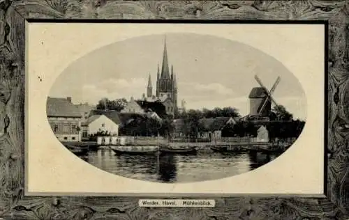 Passepartout Ak Werder an der Havel, Teilansicht mit Windmühle