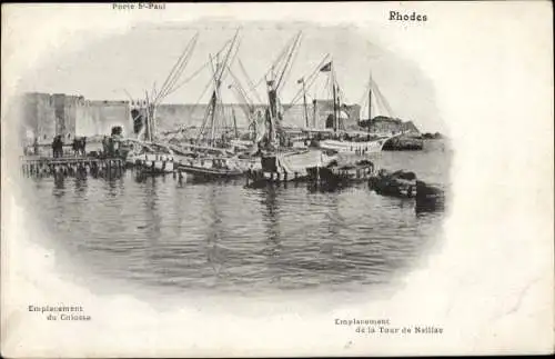 Ak Insel Rhodos Griechenland, Porte St. Paul, Hafen, Segelboote, Festungsmauern