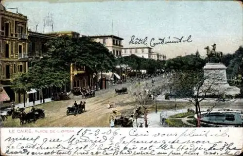 Ak Kairo Ägypten, Place de l'Opera, Blick auf den Opernplatz, Reiterstandbild