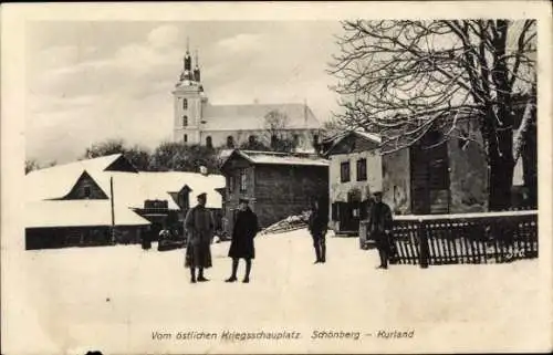 Ak Schönberg Kurland Lettland, Östlicher Kriegsschauplatz, Deutsches Militär, Kirche, Winter