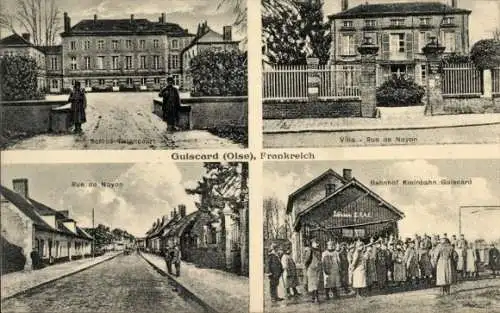 Ak Guiscard Oise, Schloss Tirlancourt, Rue de Noyon, Villa, Bahnhof Kleinbahn, Soldaten