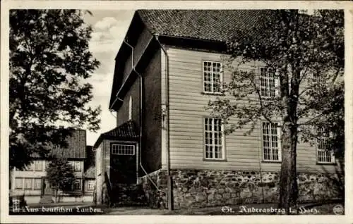 Ak Sankt Andreasberg Braunlage im Oberharz, stiller Winkel an der Kirche