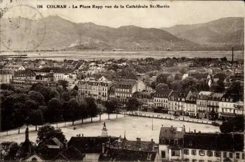 Ak Colmar Kolmar Elsass Haut Rhin, Place Rapp, Blick von der Kathedrale St. Martin