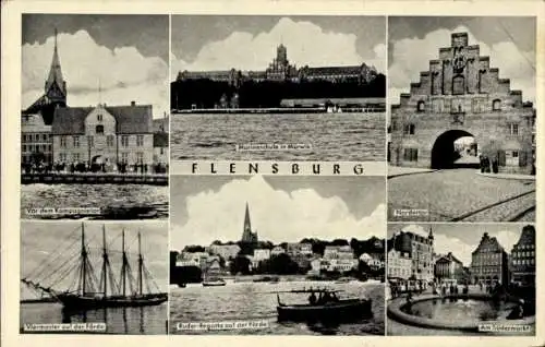 Ak Flensburg in Schleswig Holstein, Marineschule Mürwik, Nordertor, Südermarkt, Kompagnietor