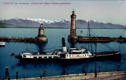 Ak Lindau am Bodensee Schwaben, Hafen, Alpen, Dampfschiff Königin Charlotte