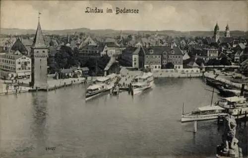 Ak Lindau am Bodensee Schwaben, Blick von oben, Hafen, Turm