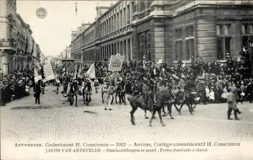 Ak Anvers Antwerpen Flandern, Cortege commemoratif H. Conscience 1912, Portes etendards a cheval