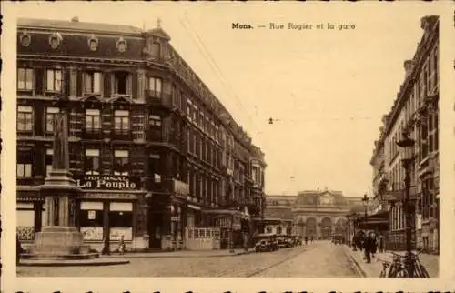 Ak Mons Wallonien Hennegau, Rue Rogier, Bahnhof, Schild Journal Le Peuple