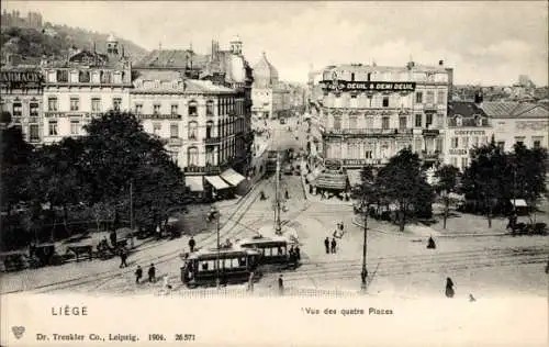 Ak Liège Lüttich Wallonien, Quatre Places, Straßenbahnen