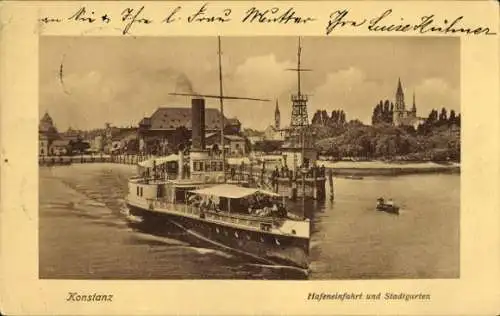 Ak Konstanz am Bodensee, Hafeneinfahrt, Stadtgarten, Dampfer