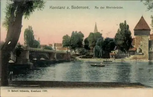 Ak Konstanz am Bodensee, Rheinbrücke, Ruderboot, Teilansicht