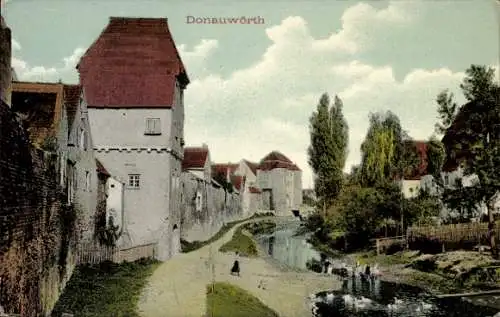 Ak Donauwörth, Straße mit alten Häusern