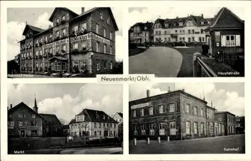 Ak Neuenmarkt Oberfranken, Bahnhof-Hotel, Hauptstraße, Markt, Bahnhof