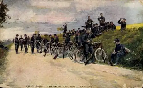 Künstler Ak En Guerre, Chasseurs Cyclistes, la Halte, französische Soldaten, Fahrräder
