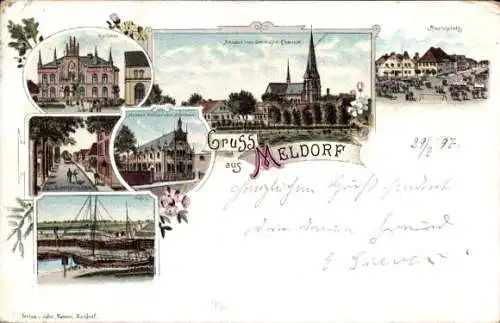 Litho Meldorf in Holstein, Rathaus, Marktplatz, Museum, Hafen, Kirche