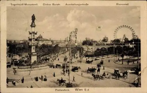 Ak Wien 2 Leopoldstadt, Praterstern, Nordbahnhof, Tegetthoffdenkmal, Cirkus Busch, Riesenrad