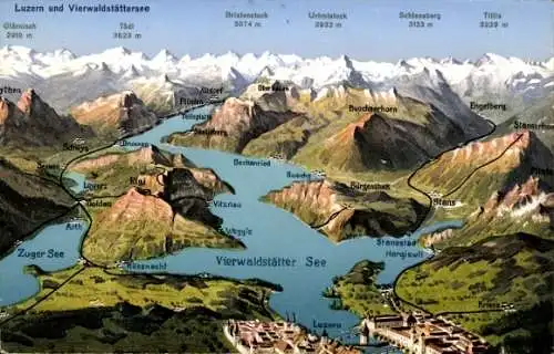 Landkarten Ak Luzern Stadt Schweiz, Vierwaldstättersee, Zuger See