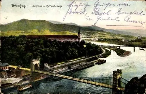 Ak Děčín Tetschen Bodenbach Elbe Region Aussig, Schloss und Kettenbrücke