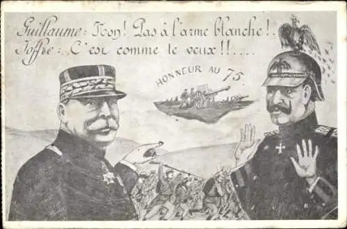 Ak Propaganda Frankreich, Kaiser Wilhelm II., Joseph Joffre, Karikatur
