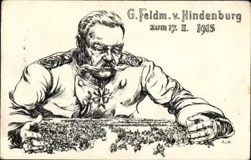 Künstler Ak Generalfeldmarschall v. Hindenburg blickt über Schlachtfeld
