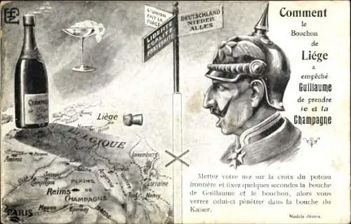 Ak Kaiser Wilhelm II., Lüttich, Champagne, Belgien, Karikatur