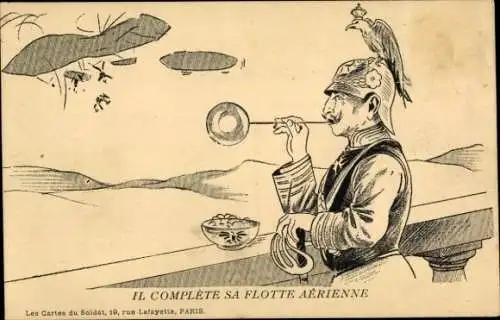 Ak Kaiser Wilhelm II. bläst Seifenblasen, Karikatur, Propaganda Frankreich