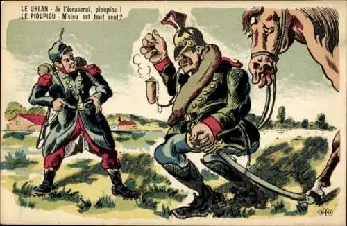 Ak Französischer Soldat und deutscher Ulan, Karikatur, Propaganda Frankreich