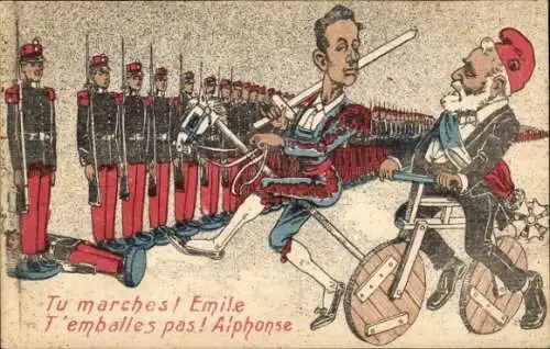 Ak Emile Loubet, Französische Zinnsoldaten, König Alfons XIII. von Spanien, Karikatur