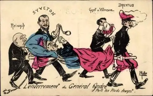 Künstler Ak Die Beerdigung von General Andre, Reinach, Syveton, Guyot de Villeneuve, Dreyfus