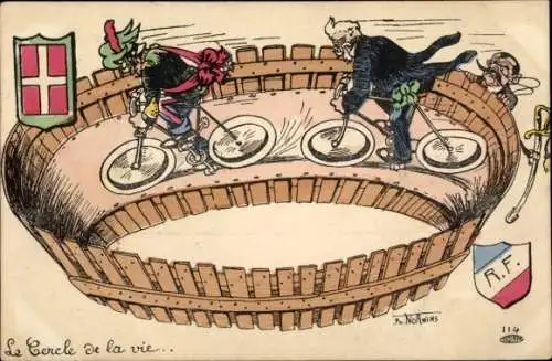 Künstler Ak Norwins, Französischer Präsident verfolgt König von Italien auf einem Fahrrad
