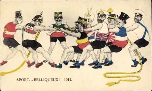 Künstler Ak Sport Belliqueux 1914, Tauziehen, Kaiser Franz Joseph I., Wilhelm II, Italien, Belgien