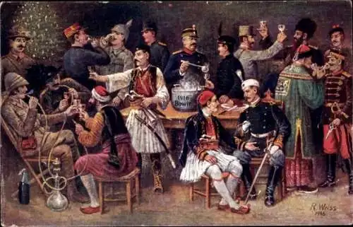 Künstler Ak Weiss, R., Personen verschiedener Nationen, Franzose und Deutscher trinken Brüderschaft