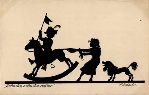 Scherenschnitt Ak Schacke schacke Reiter, Schaukelpferd, Pudel
