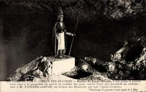 Ak Sainte Enimie Lozère, Gorges du Tarn, Cirque des Baumes, Statue de Saint-Hilaire