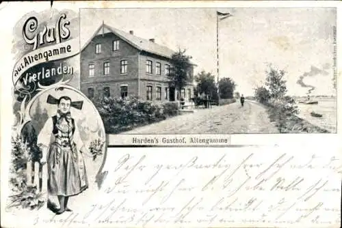 Ak Hamburg Bergedorf Altengamme, Hardens Gasthof, Fahnenmast, Dampfschiff, Tracht