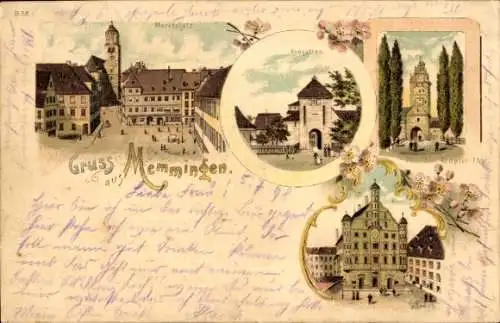 Litho Memmingen in Schwaben, Rathaus, Kempter Tor, Krugstor, Marktplatz