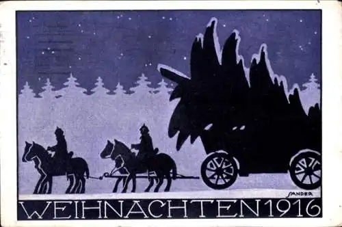 Scherenschnitt Künstler Ak Sander, Glückwunsch Weihnachten, Soldaten, Tannenbaum, Jahr 1916