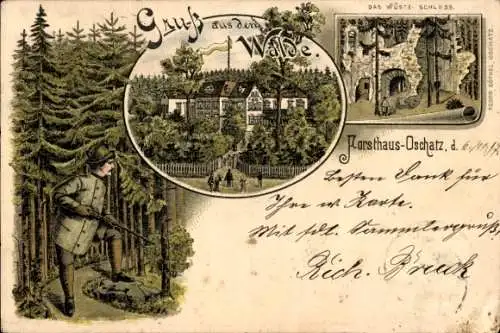 Litho Oschatz in Sachsen, Forsthaus, Wüste-Schloss, Jäger