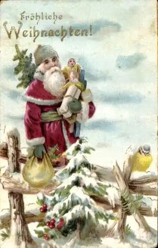 Litho Glückwunsch Weihnachten, Weihnachtsmann, Geschenke, Tannenbaum