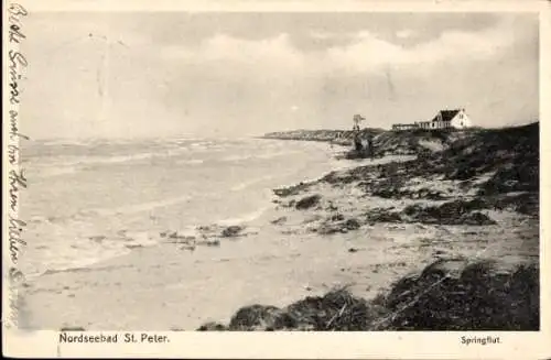 Ak Sankt Peter Ording in Nordfriesland, Strandpartie mit Springflut