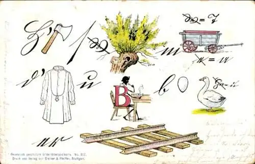 Litho Bilderrätsel, Axt, Gans, Bahnschienen