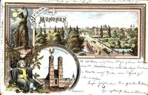 Litho München, Maximiliansbrücke, Frauenkirche, Münchner Kindl