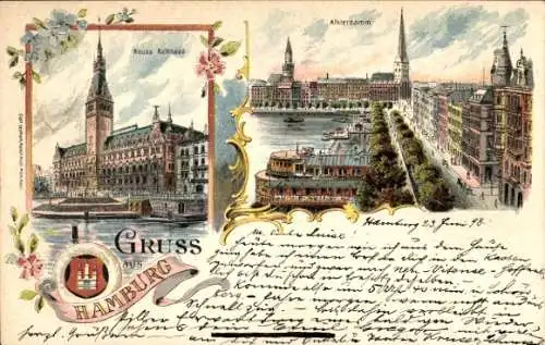 Litho Hamburg Altstadt, Neues Rathaus, Alsterdamm