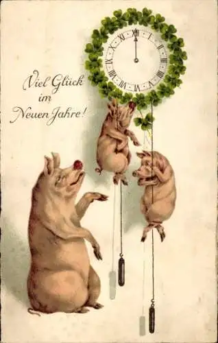Ak Prosit Neujahr, Schweine, Wanduhr, 12 Uhr, Klee