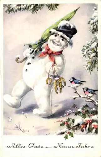 Litho Neujahr, Schneemann, Hufeisen